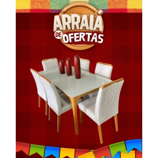  Sala de Jantar com Mesa e Seis Cadeiras estofadas 1,60m MLXMJA0005eMLXCAD0003