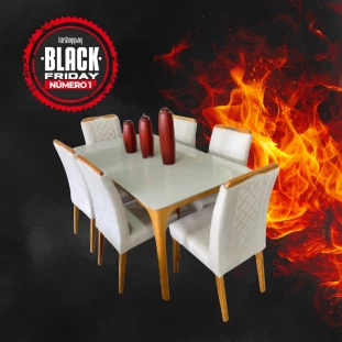  Sala de Jantar com Mesa e Seis Cadeiras estofadas 1,60m MLXMJA0005eMLXCAD0003